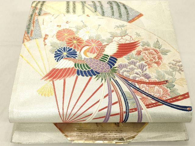 平和屋着物◎西陣 精華織物謹製 佐賀錦 六通柄袋帯 九百織 草木染 扇面鴛鴦花文 金銀糸 正絹 逸品 DABA5033cd