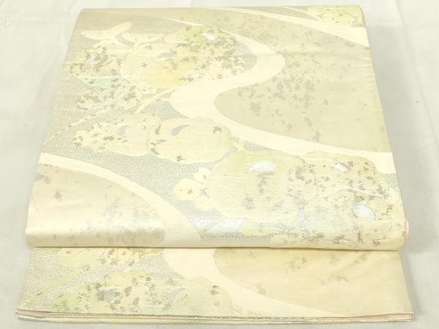 平和屋着物◎六通柄袋帯 ふくれ織 流水草花文 銀糸 引箔 正絹 逸品 DABA5589qp