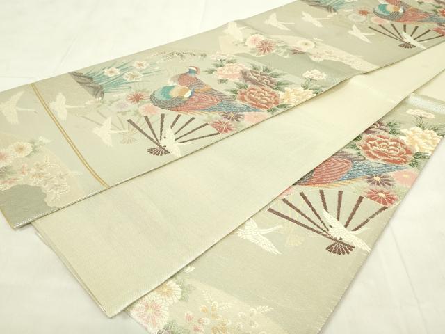 平和屋着物◎佐賀錦 六通柄袋帯 扇面花鳥文 金銀糸 正絹 逸品 DABA5841qp