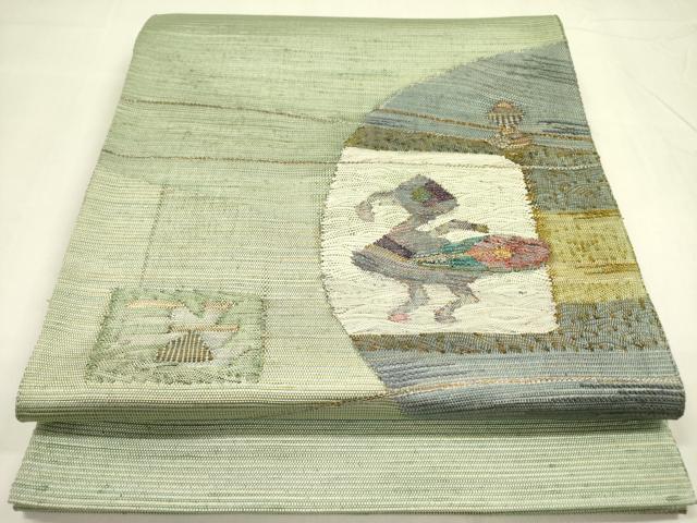 平和屋着物●太鼓柄袋帯 紬地 すくい織 風景鳥文 金糸 正絹 逸品 DABA6024op