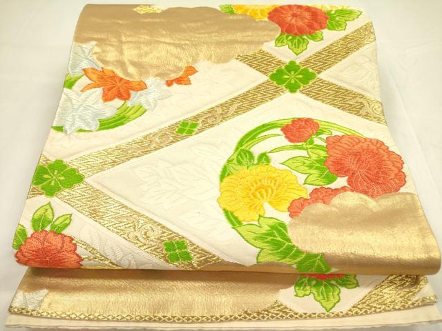 平和屋着物◎六通柄袋帯 唐織 雲取花文 金糸 正絹 逸品 DABA6164op