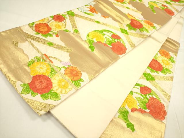平和屋着物◎六通柄袋帯 唐織 雲取花文 金糸 正絹 逸品 DABA6164op