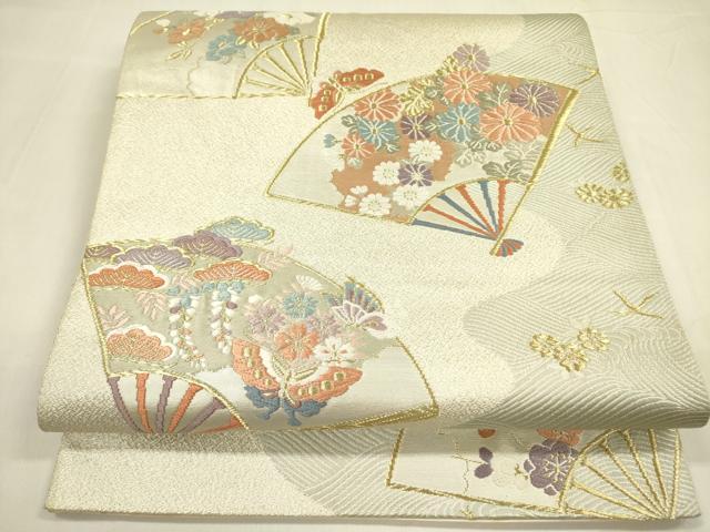 平和屋着物◎六通柄袋帯 唐織 扇面花文 金糸 正絹 逸品 DABA6200op