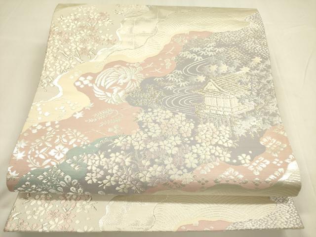 平和屋着物●六通柄袋帯　横段鱗文　銀糸　正絹　逸品　CAAY9212yk 平和屋着物○六通柄袋帯 横段鱗文 銀糸 正絹 逸品 CAAY9212yk 平和屋