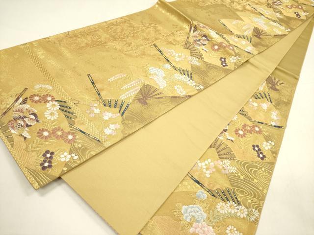平和屋着物◎六通柄袋帯 唐織 扇面鴛鴦花文 金糸 正絹 逸品 DABA6248op