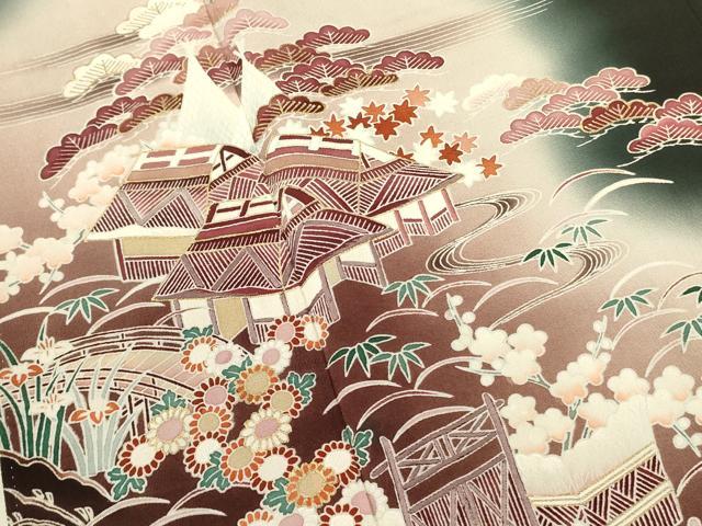 平和屋着物■豪華黒留袖 風景花松文 暈し染め 金彩 正絹 逸品 DABA6286op