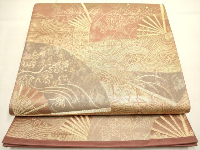 平和屋着物◎六通柄袋帯 扇面花文 金糸 正絹 逸品 DABA6776op