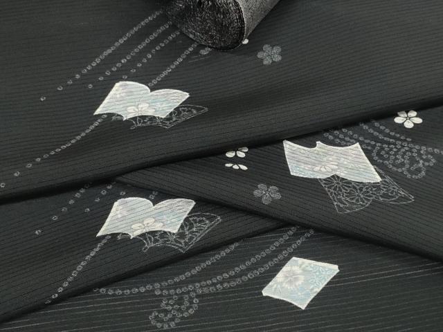 平和屋着物*夏物 小紋 反物 着尺 絽 冊子花文 黒地 逸品 未使用 DABA7094zzz