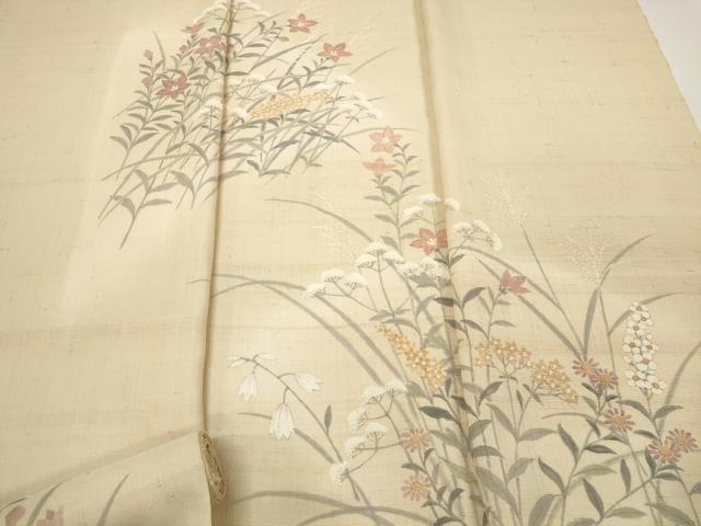 平和屋着物●染織の名門 しょうざん 生紬 付下げ 反物 着尺 手描き 草花文 逸品 未使用 DABA7622zzz