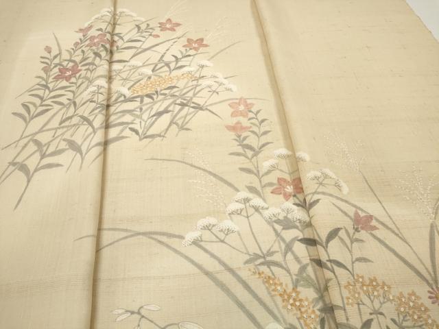 平和屋着物●染織の名門 しょうざん 生紬 付下げ 反物 着尺 手描き 草花文 逸品 未使用 DABA7622zzz