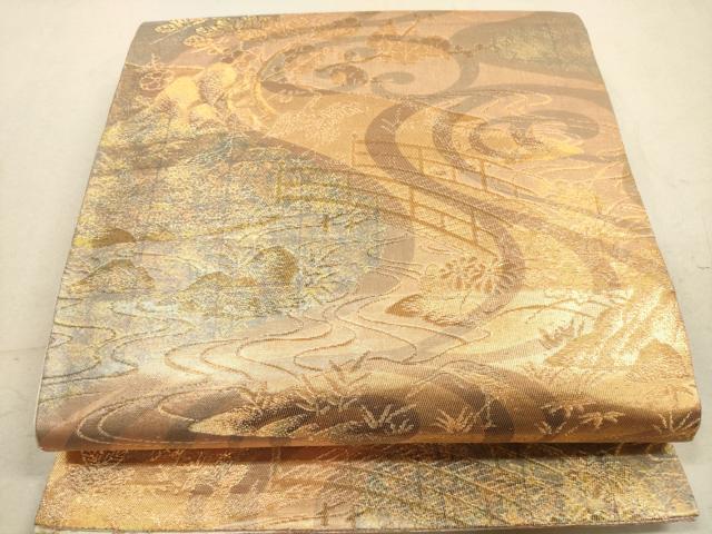 平和屋着物◎六通柄袋帯 流水花文 金糸 正絹 逸品 DABA8043xg
