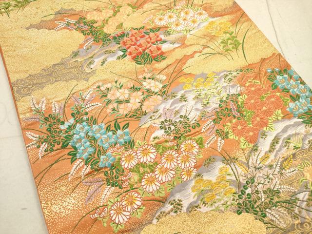 平和屋着物◎六通柄袋帯 唐織 草花文 金糸 正絹 逸品 DABA8062xg