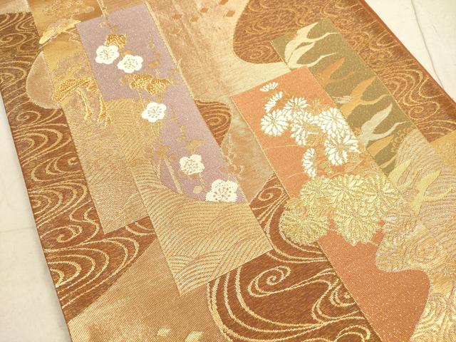 平和屋着物◎六通柄袋帯 唐織 短冊花文 織巧 金糸 正絹 逸品 DABA8069xg