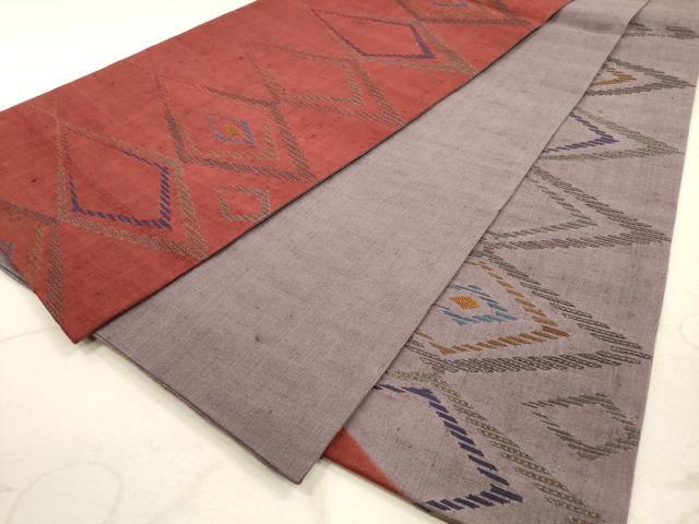 平和屋着物◎六通柄袋帯 紬地 刺繍 幾何学文 正絹 逸品 DABA8166xg