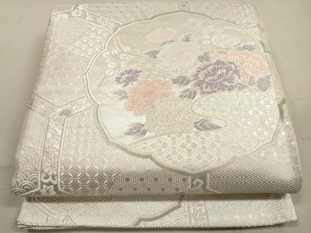 平和屋着物◎六通柄袋帯 唐織 吉祥花文 銀糸 正絹 逸品 DABA8364xg