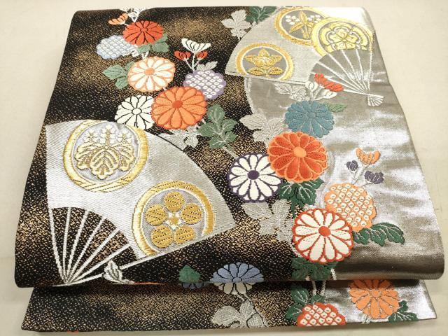 平和屋着物◎六通柄袋帯 唐織 扇面花文 黒地 金銀糸 正絹 逸品 DABA8408xg