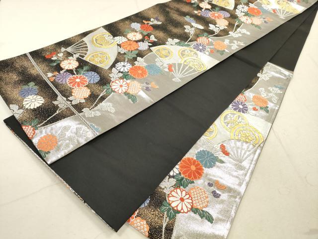 平和屋着物◎六通柄袋帯 唐織 扇面花文 黒地 金銀糸 正絹 逸品 DABA8408xg