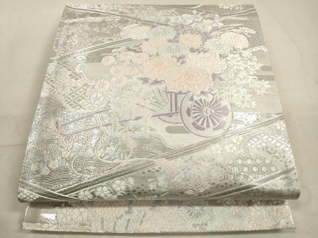 平和屋着物◎六通柄袋帯 唐織 九百錦 吉祥御所車花文 プラチナ箔 正絹 逸品 DABA8493xg