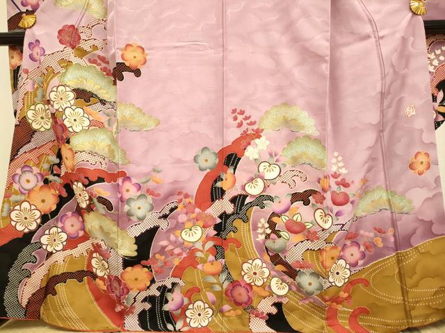 平和屋着物●紫綬褒章 巨匠『岩田専太郎』 振袖 駒刺繍 立波梅松文 暈し染め 金彩 正絹 逸品 DABA8887du