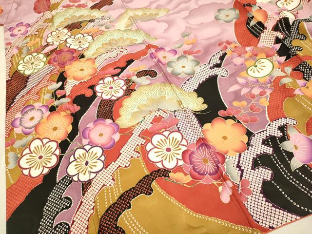 平和屋着物●紫綬褒章 巨匠『岩田専太郎』 振袖 駒刺繍 立波梅松文 暈し染め 金彩 正絹 逸品 DABA8887du