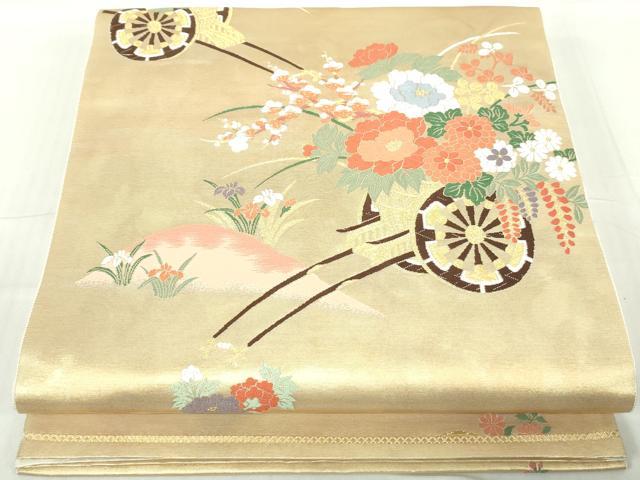 平和屋着物◎六通柄袋帯 花車文 金糸 引箔 正絹 逸品 DABA9009qa