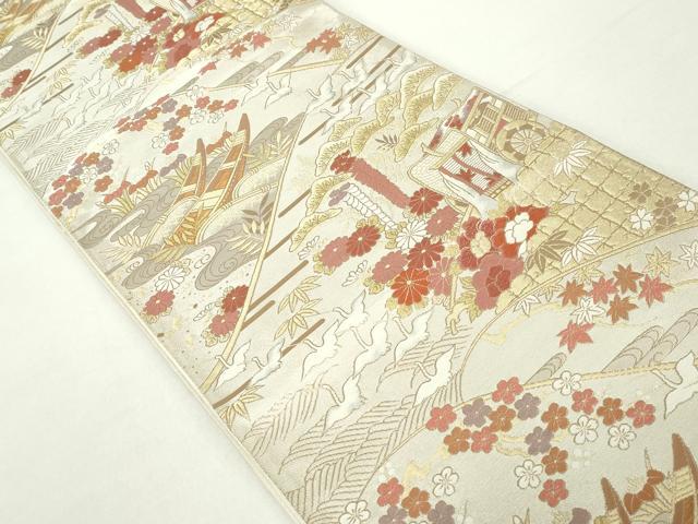 平和屋着物◎六通柄袋帯 唐織 御所車飛鶴花文 金銀糸 正絹 逸品 DABA9187qa