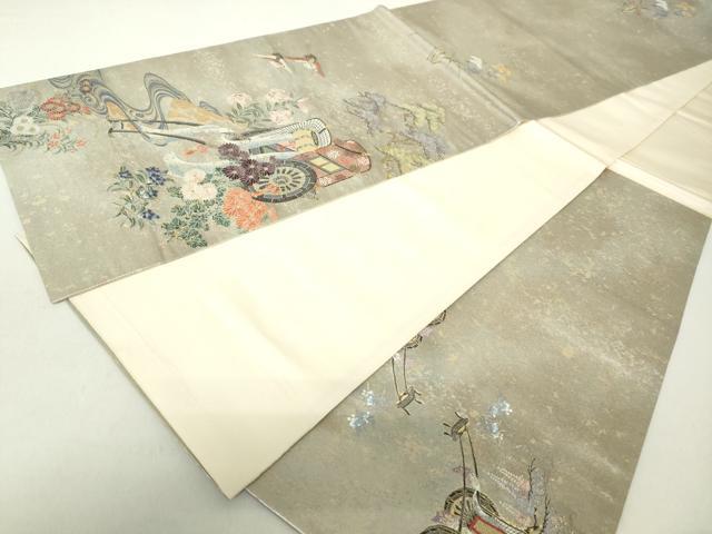 平和屋着物◎太鼓柄袋帯 唐織 飛鶴御所車枝松花文 金銀糸 正絹 逸品 DABA9228qa