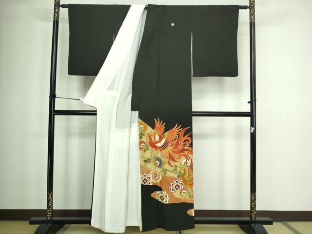 平和屋着物■豪華黒留袖 駒刺繍 鳳凰花文 金彩 正絹 逸品 DABA9850sf