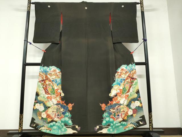 平和屋着物○アンティーク 大正ロマン 黒留袖 駒刺繍 扇面御所車草花文