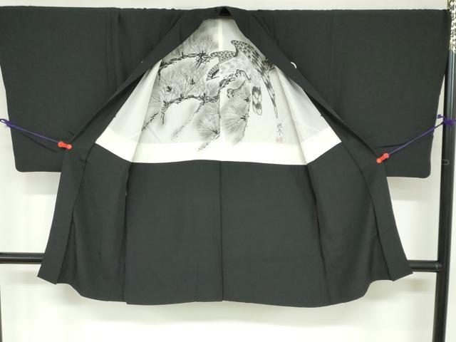 平和屋着物●男性 黒紋付 長羽織セット 羽裏:鷹 正絹 逸品 DABB0011ud