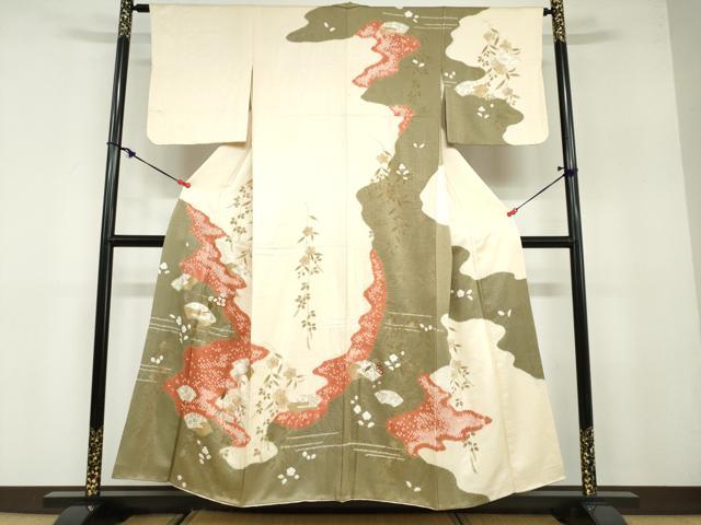 平和屋着物●訪問着 絞り 刺繍 地紙草花文 金銀彩 正絹 逸品 DABB0108ud