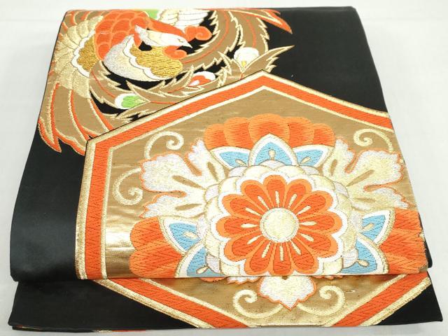 平和屋着物◎六通柄袋帯 唐織 亀甲鳳凰花文 黒地 金銀糸 正絹 逸品 DABB0129ud