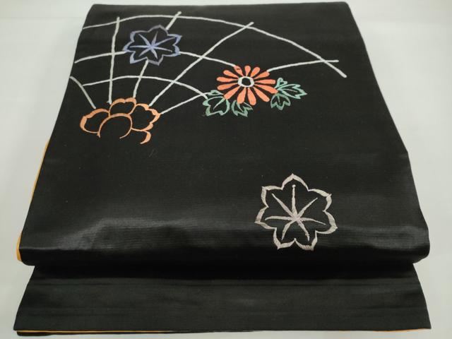 平和屋着物◎アンティーク 大正ロマン 太鼓柄袋帯 草花籬文 黒地 正絹 逸品 DABB0132ud