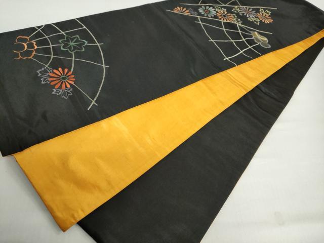 平和屋着物◎アンティーク 大正ロマン 太鼓柄袋帯 草花籬文 黒地 正絹 逸品 DABB0132ud