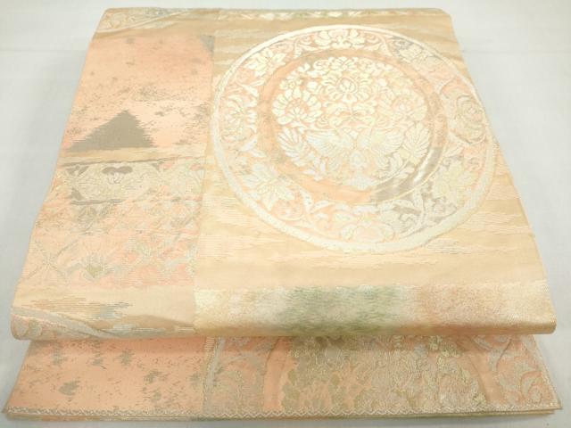 平和屋着物◎六通柄袋帯 向かい鳥草花丸文 金銀糸 引箔 正絹 逸品 DABB0164ud