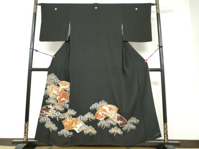 平和屋着物▼豪華黒留袖 駒刺繍 地紙飛鶴草花文 金彩 正絹 逸品 DABB0384ud