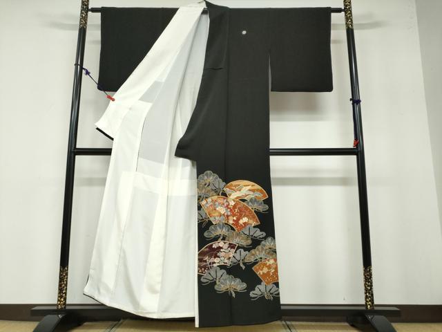 平和屋着物▼豪華黒留袖 駒刺繍 地紙飛鶴草花文 金彩 正絹 逸品 DABB0384ud