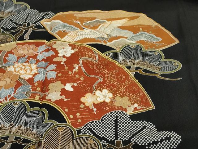 平和屋着物▼豪華黒留袖 駒刺繍 地紙飛鶴草花文 金彩 正絹 逸品 DABB0384ud