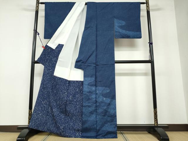 平和屋着物●本場染大島紬 訪問着 刺繍 流水花鳥丸文 正絹 逸品 DABB0413ud