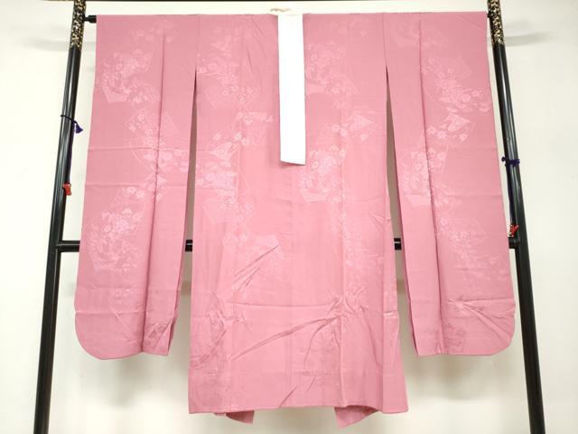 平和屋着物●振袖用長襦袢 無双仕立て 地紙重ね御所車草花地紋 今様色 正絹 逸品 未使用 DABB0420ud