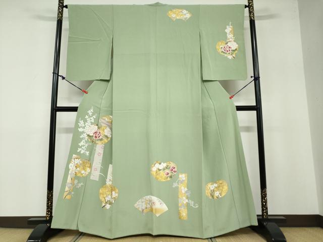 平和屋着物●訪問着 駒刺繍 地紙飛鶴草花文 金彩 正絹 逸品 DABB0480ud