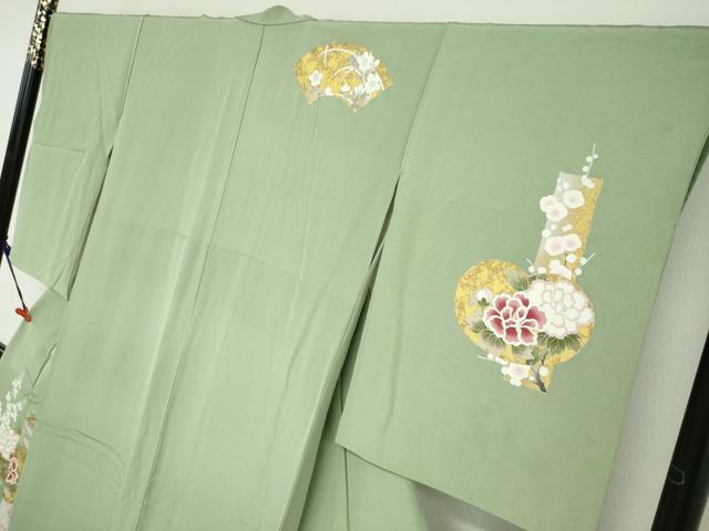 平和屋着物●訪問着 駒刺繍 地紙飛鶴草花文 金彩 正絹 逸品 DABB0480ud