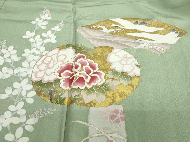 平和屋着物●訪問着 駒刺繍 地紙飛鶴草花文 金彩 正絹 逸品 DABB0480ud