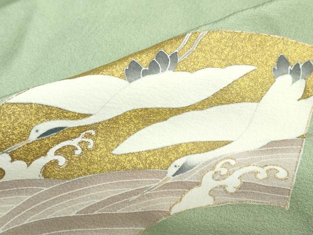 平和屋着物●訪問着 駒刺繍 地紙飛鶴草花文 金彩 正絹 逸品 DABB0480ud