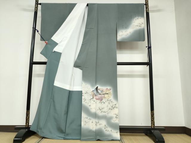 平和屋着物●友禅師・京の名工・伝統工芸士・樽本伊勢蔵 訪問着 女人鼓草花文 百人一首 暈し染め 金銀彩 正絹 逸品 DABB0536ud