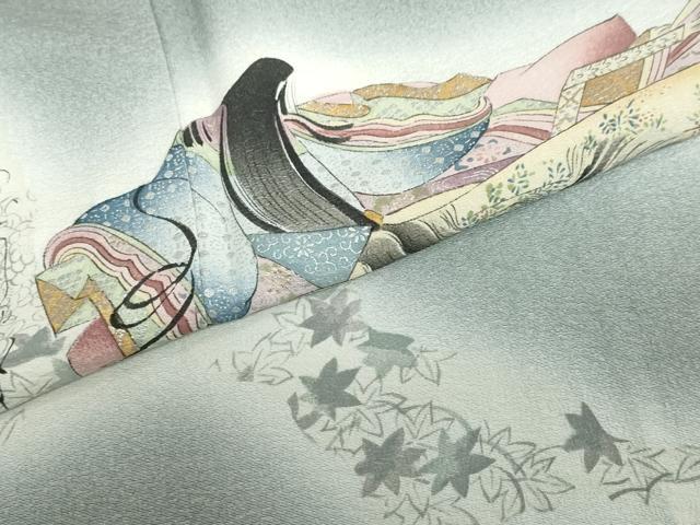 平和屋着物●友禅師・京の名工・伝統工芸士・樽本伊勢蔵 訪問着 女人鼓草花文 百人一首 暈し染め 金銀彩 正絹 逸品 DABB0536ud