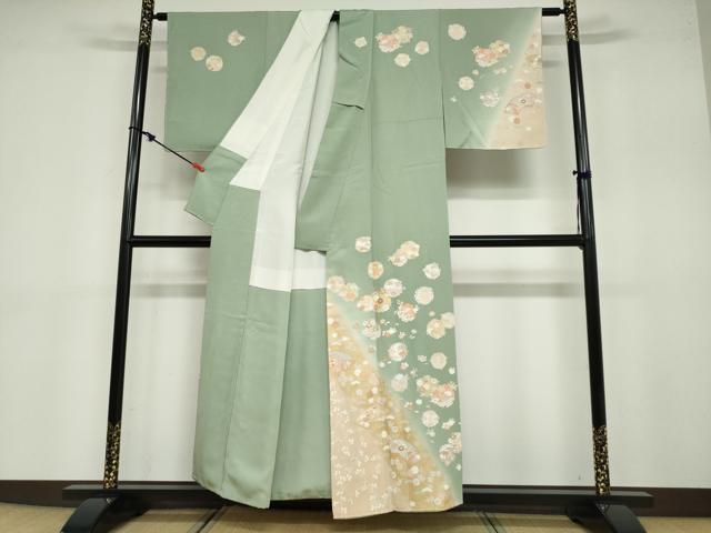 平和屋着物●訪問着 駒刺繍 雪輪草花文 暈し染め 金彩 正絹 逸品 未使用 DABB0683ud