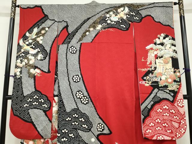 平和屋着物●豪華振袖 絞り 流水飛鶴御所車草花文 金銀彩 正絹 逸品 DABB0771ud