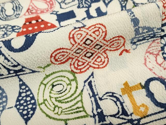 平和屋着物●上質な小紋 型染め 風景文字文 アルファベット 鬼しぼ縮緬 正絹 逸品 DABB0916ud