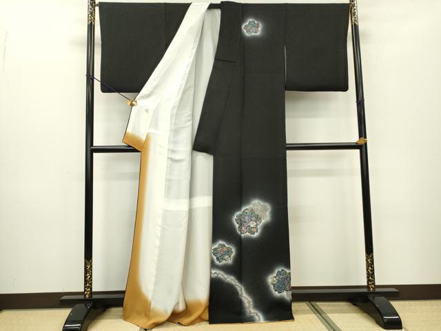 平和屋着物●訪問着 絞り 辻が花 舞桜 蛍暈し 黒地 正絹 逸品 DABB1293fe